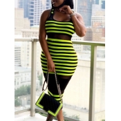 LW Casual Striped See-through Green Mid Calf Dress