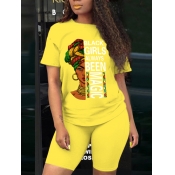 LW Casual O Neck Letter Print Yellow Two Piece Sho
