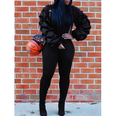 

LW Trendy Patchwork Zipper Design Black Two Piece Pants Set