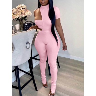 

LW Sweet One Shoulder Rib-Knit Pink Two Piece Pants Set