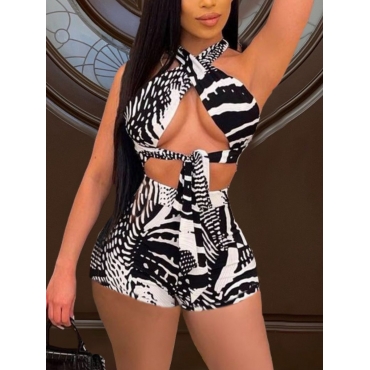 

LW SXY Animal Print Bandage Hollow-out Design Black Two Piece Shorts Set