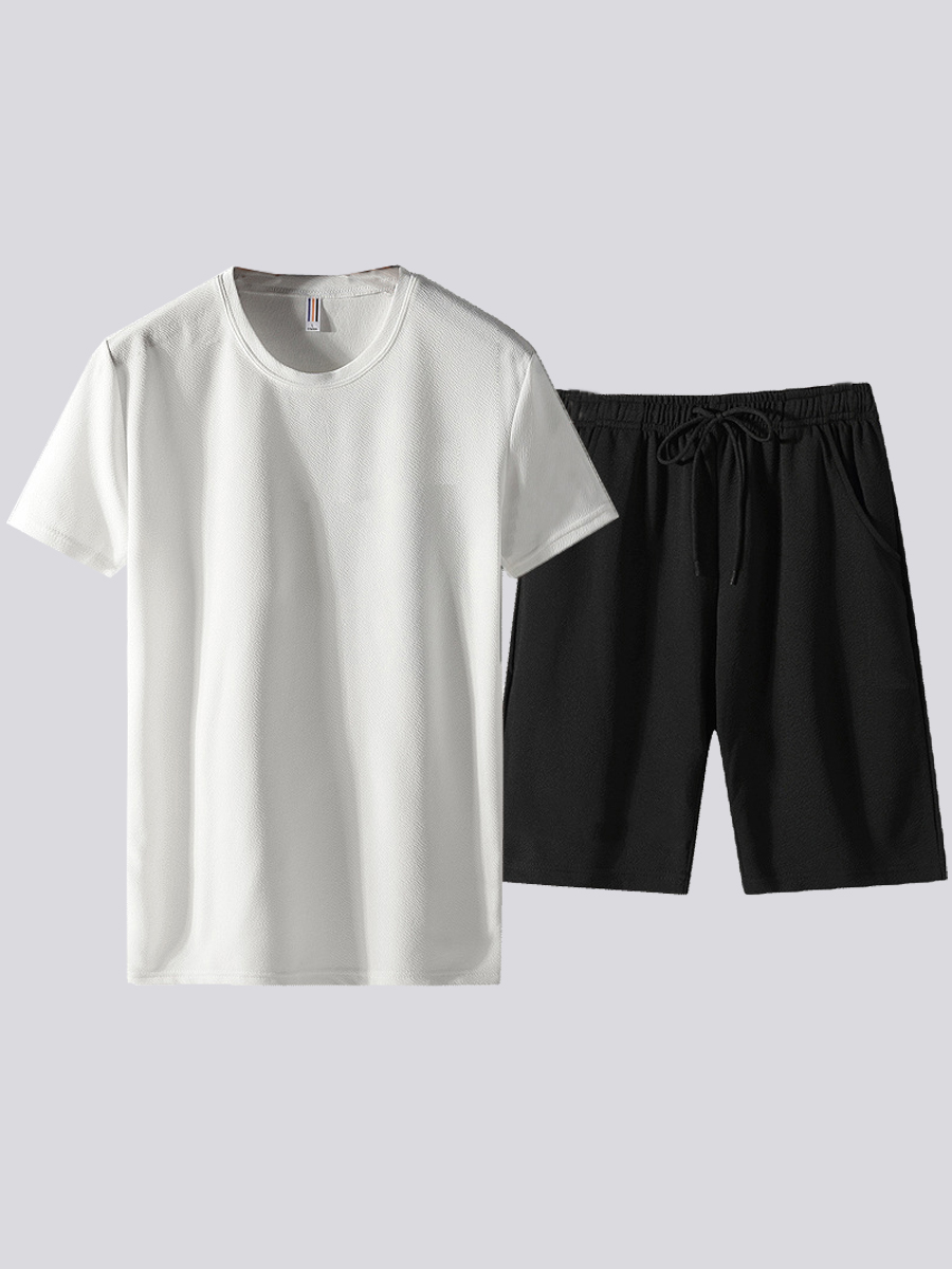 

Lovely Men Casual O Neck Drawstring White Two Piece Shorts Set