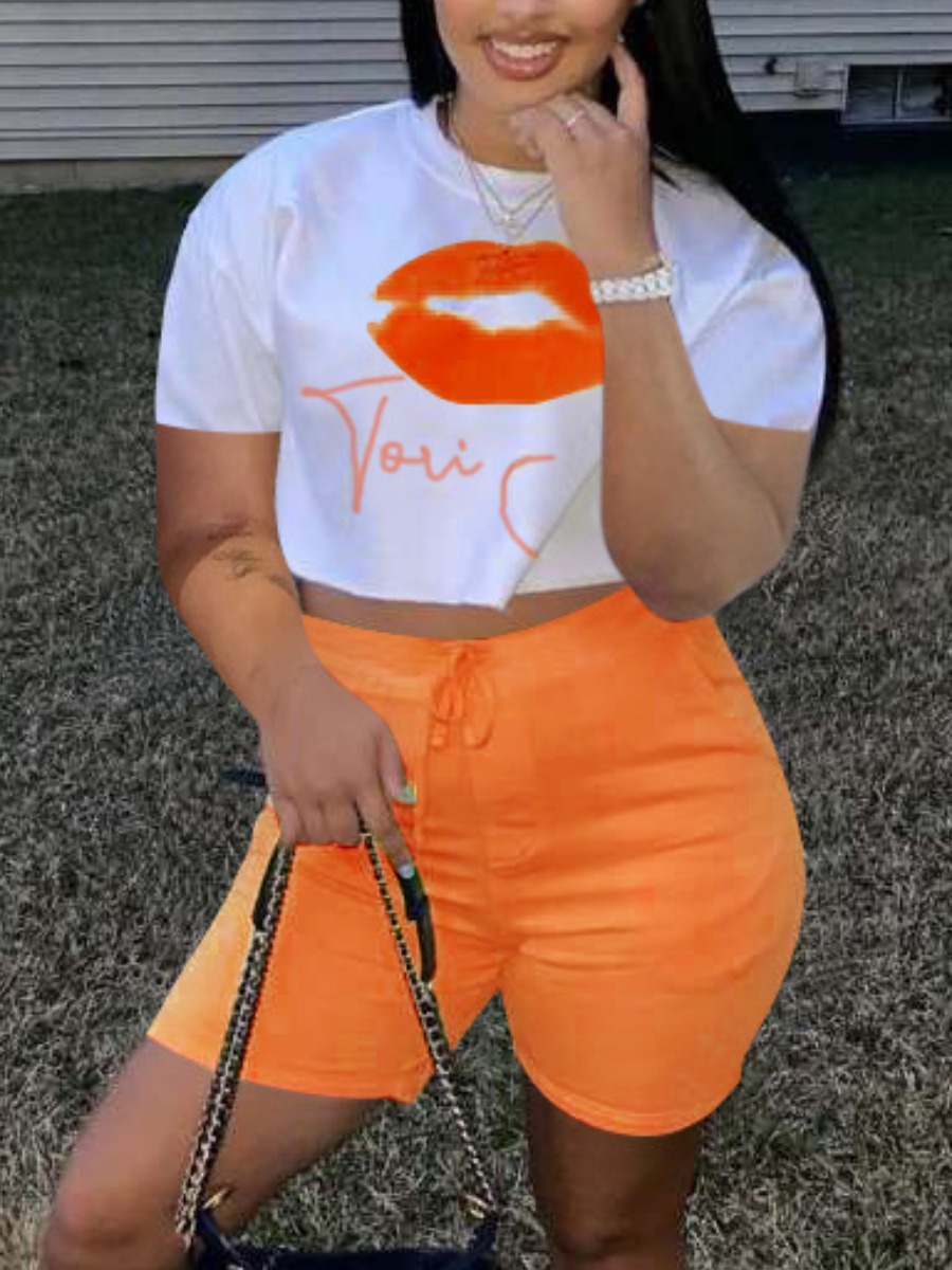 

Lovely Casual Lip Print Drawstring Croci Two Piece Shorts Set