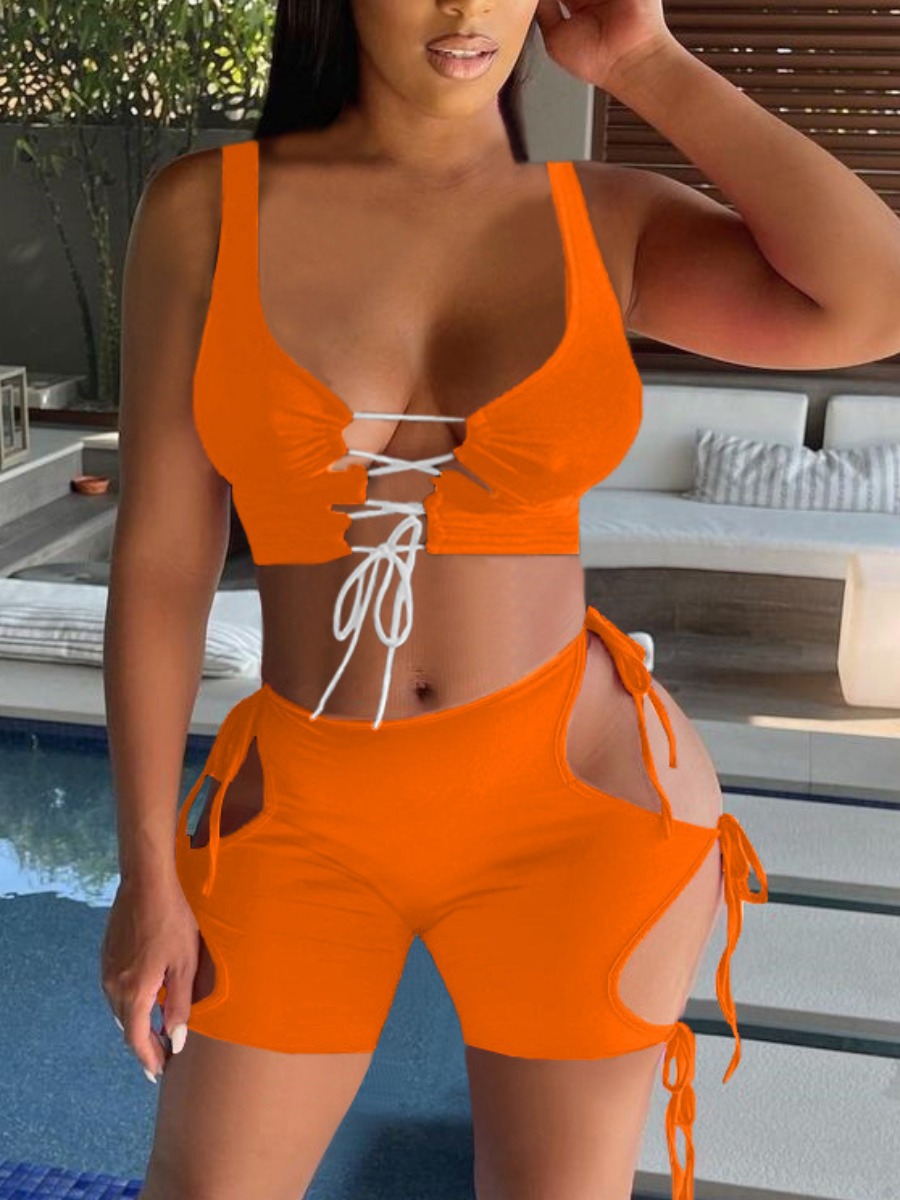 

Lovely Sexy Bandage Hollow-out Design Croci Two Piece Shorts Set