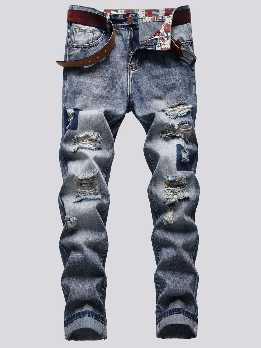 

Lovely Men Casual Mid Waist Ripped Baby Baby Blue Jeans
