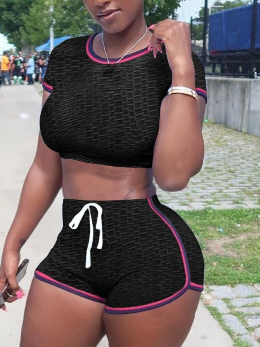 

Lovely Sporty Striped Drawstring Black Two Piece Shorts Set