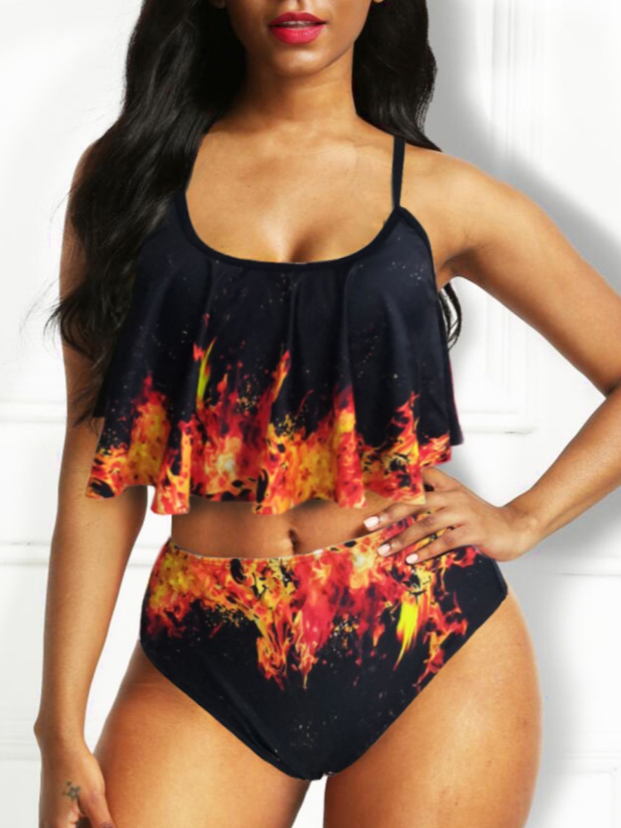 

Lovely Boho Flame Print Flounce Design Black Two-piece Swimsuit