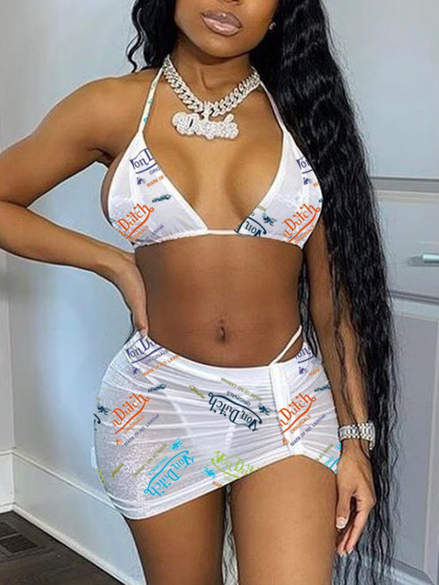 LW Letter Print See-through Three-piece Swimsuit