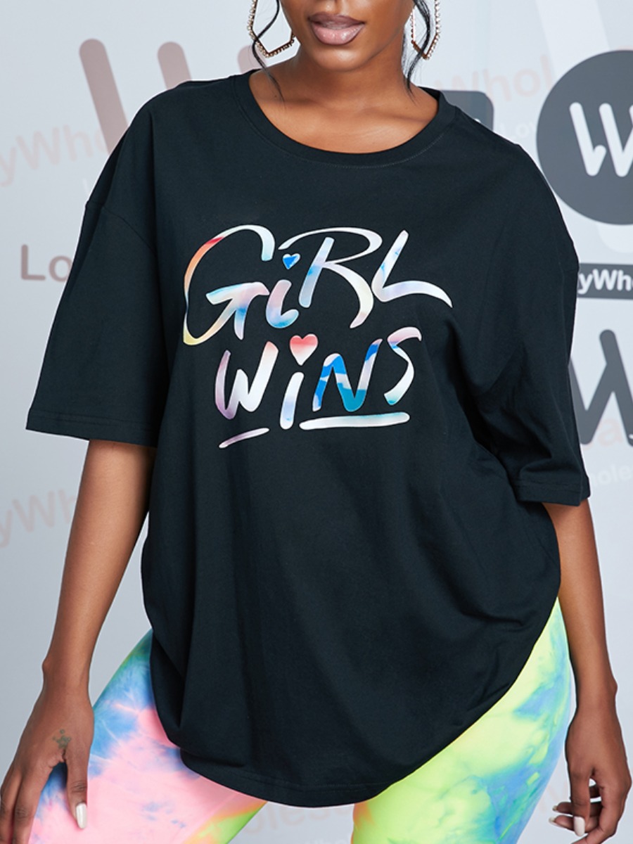 

Lovely Street O Neck Letter Print Black T-shirt