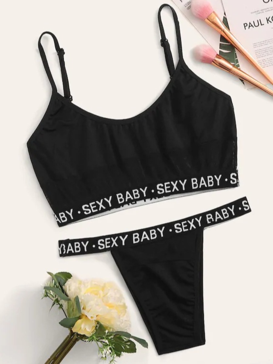 

Lovely Boho U Neck Letter Print Black Two-piece Swimsuit