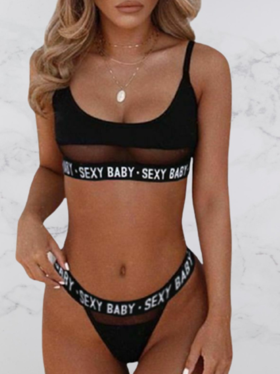 

Lovely Boho U Neck See-through Letter Print Black Two-piece Swimsuit