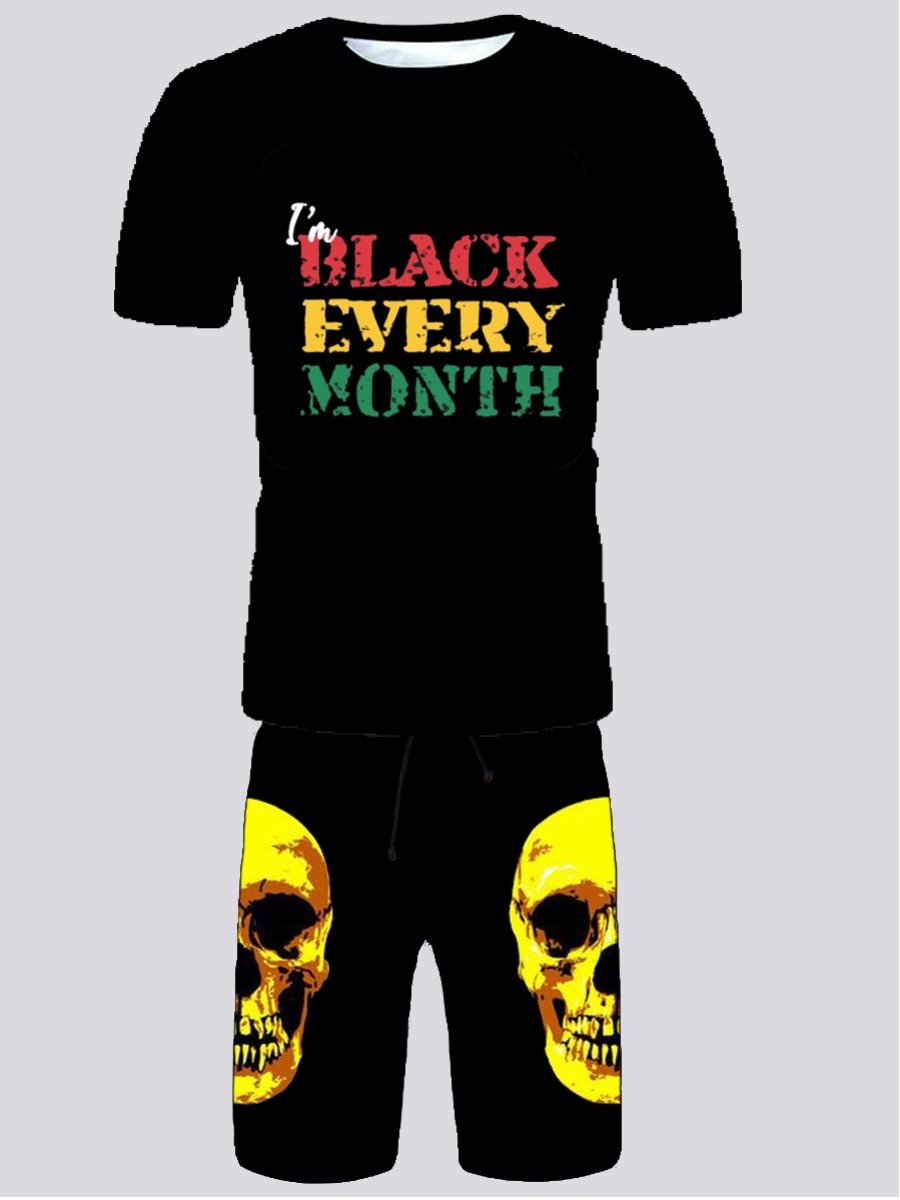 

Lovely Men Street Skull Head Letter Print Black Two Piece Shorts Set