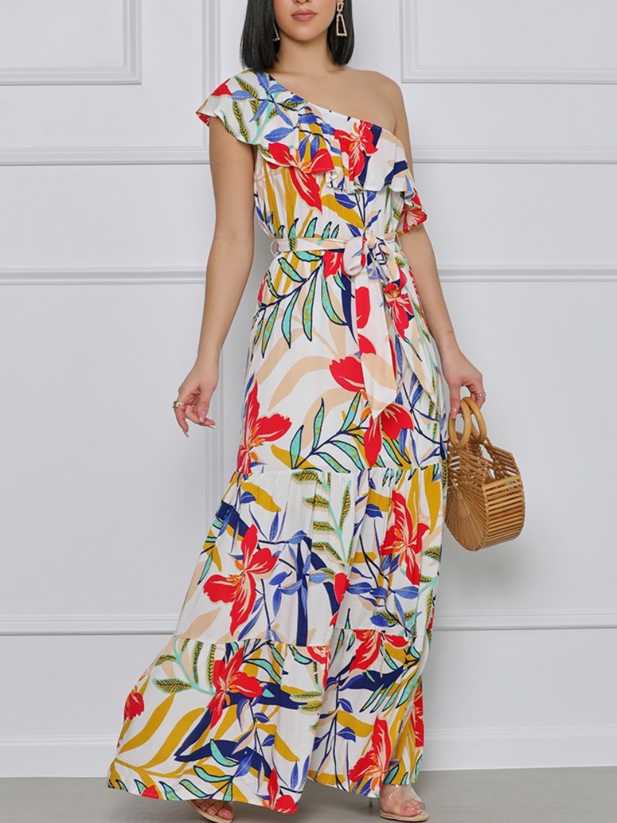 

LW Boho One Shoulder Floral Print White Floor Length Dress