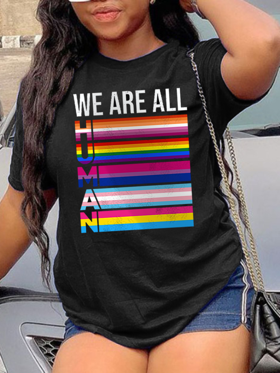 

Lovely Plus Size Casual Letter Print Striped Black T-shirt