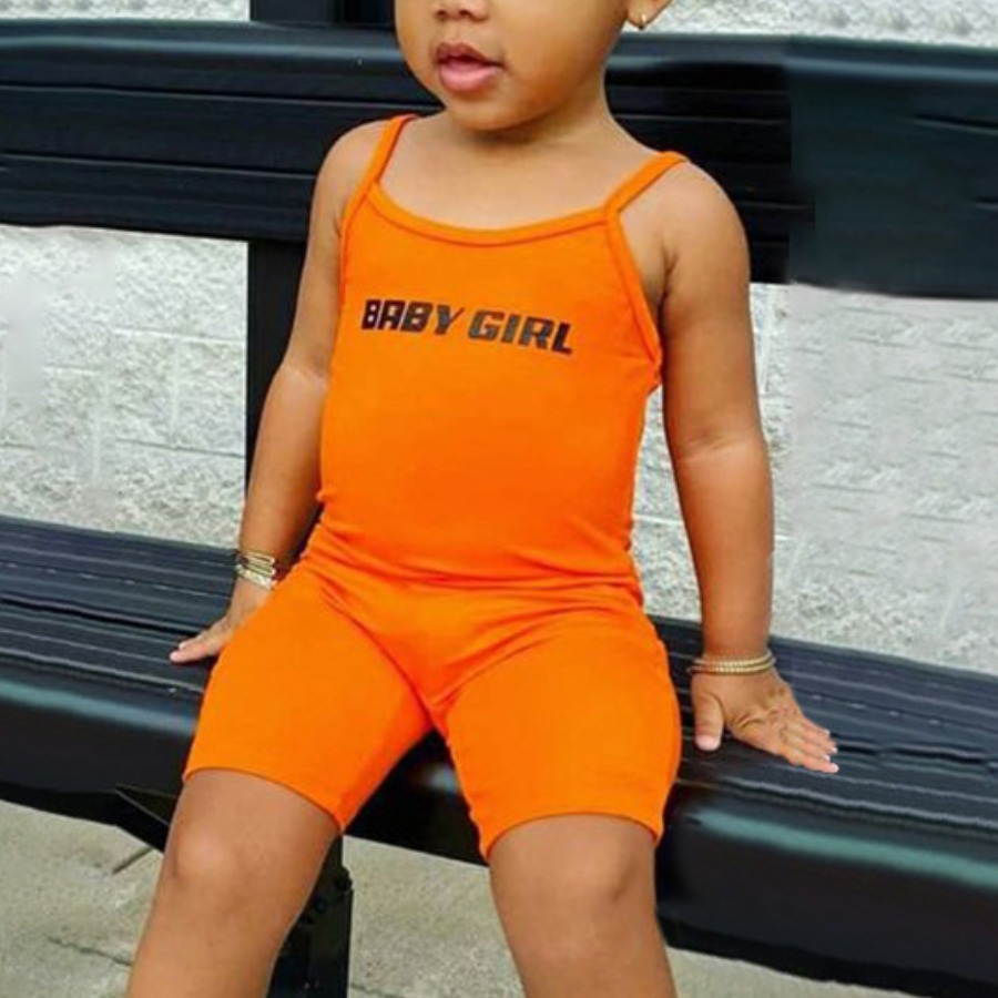 

LW COTTON Girl Sporty Letter Print Elastic Orange One-piece Romper
