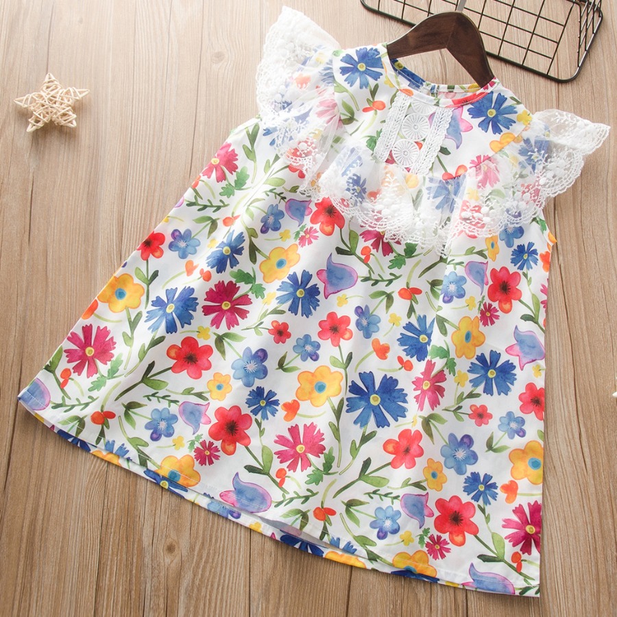 

Lovely Girl Sweet Floral Print Mesh Flounce Design Multicolor Knee Length Dress, Multi