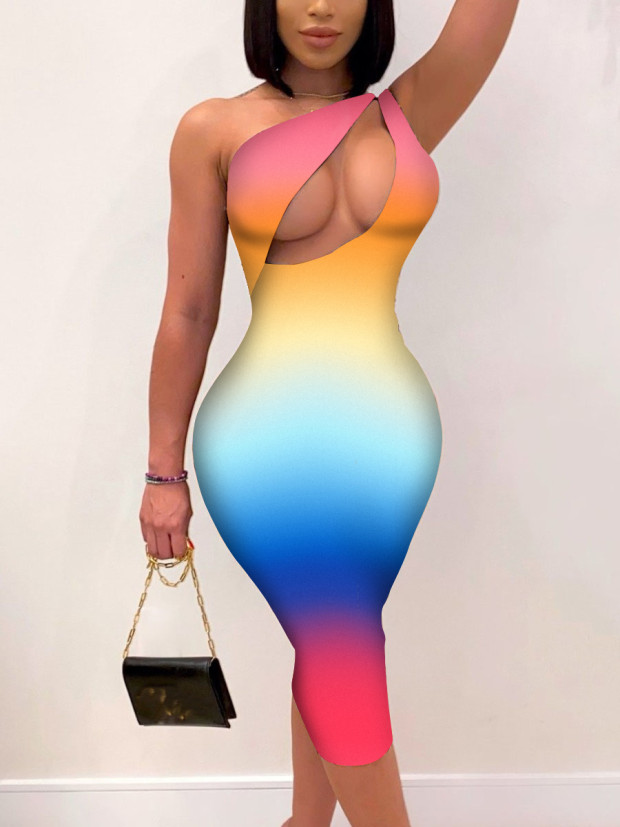 

Lovely Sweet One Shoulder Hollow-out Gradient Multicolor Knee Length Dress, Multi