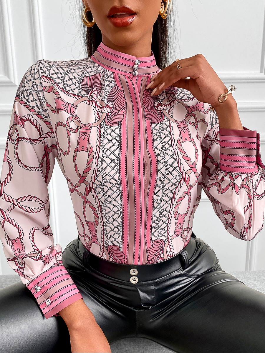 

Lovely Plus Size Sweet Half A Turtleneck Rope Print T-shirt, Multi