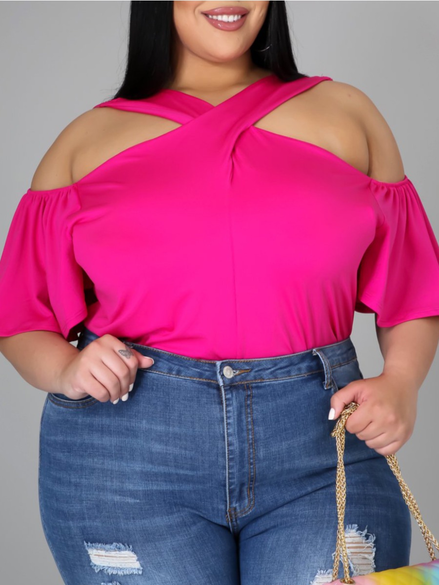 

Lovely Plus Size Casual Flounce Design Hollow-out Rose Red T-shirt