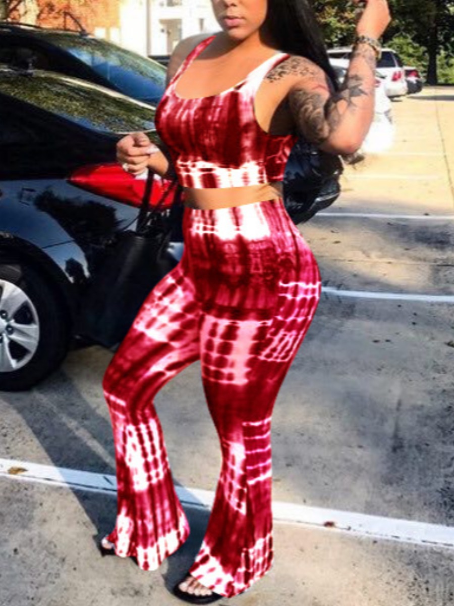 

Lovely Street Tie Dye Flared Red Two Piece Pants Set