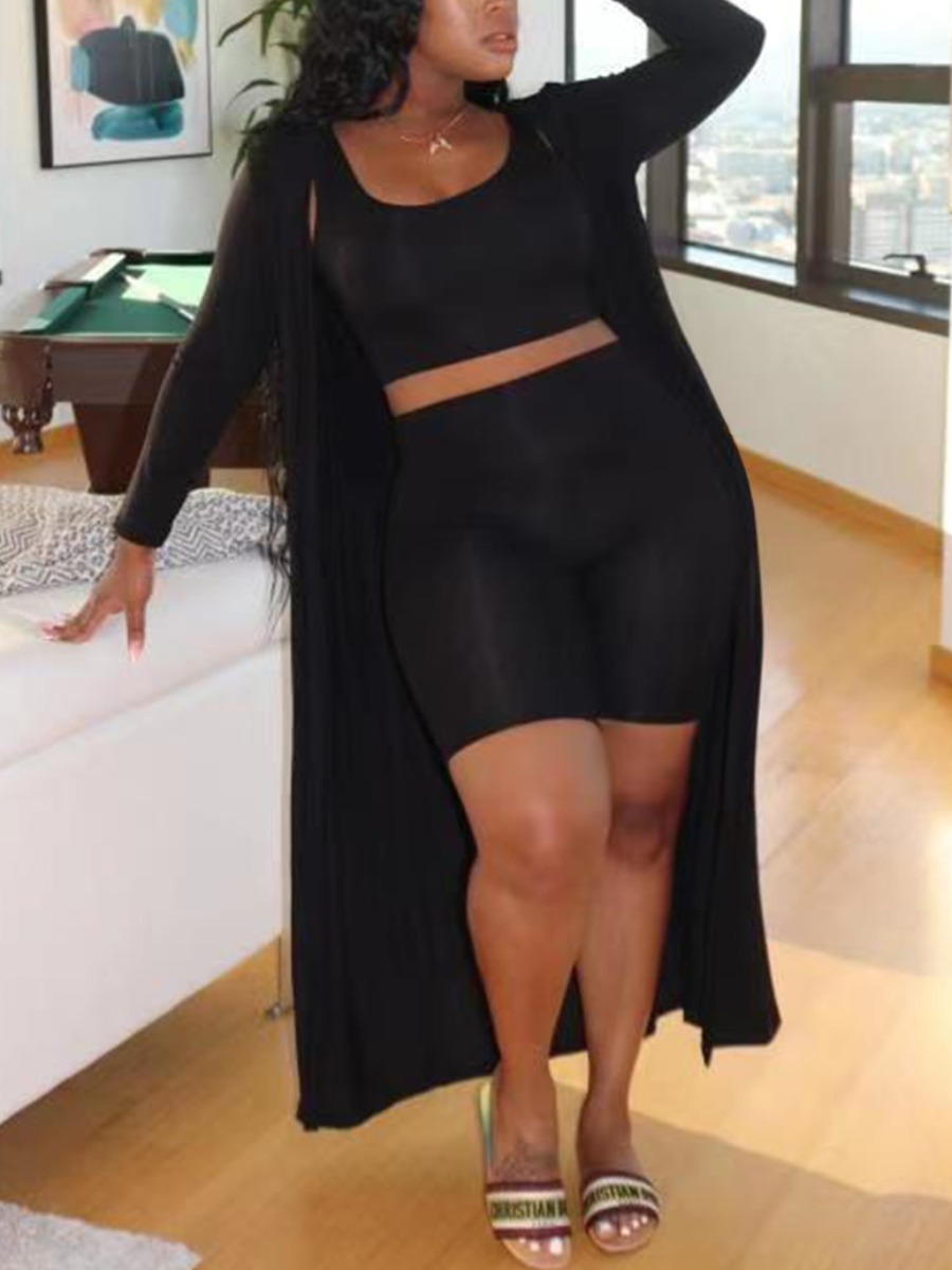 

LW BASICS Plus Size Casual U Neck Elastic Black Three-piece Shorts Set