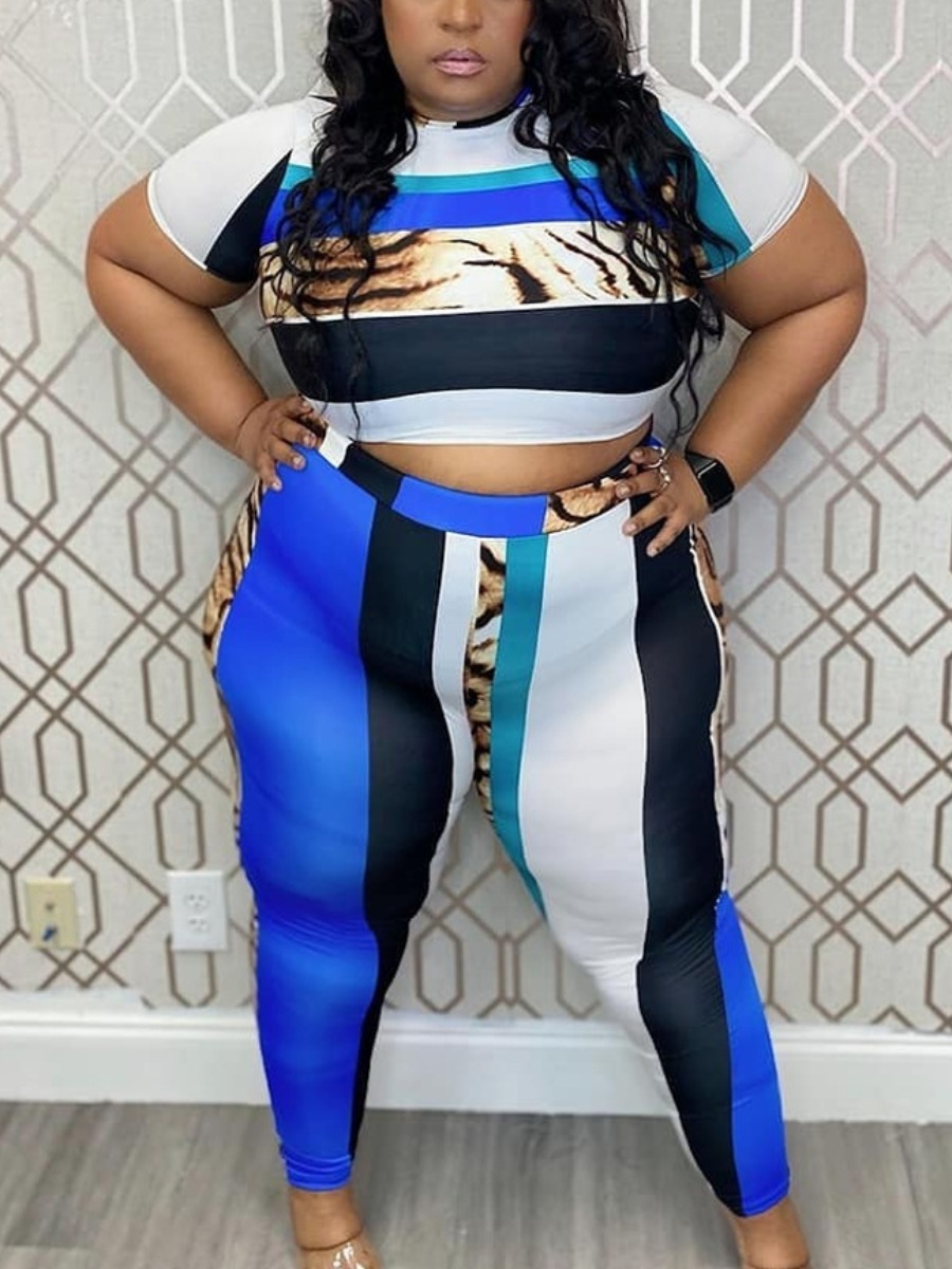 

Lovely Plus Size Street O Neck Striped Blue Two-piece Pants Set