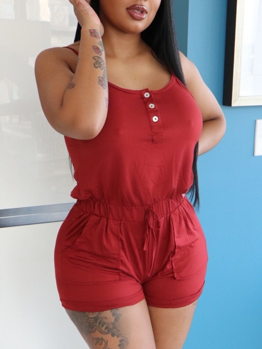 

Lovely Casual Button Design Drawstring Red One-piece Romper