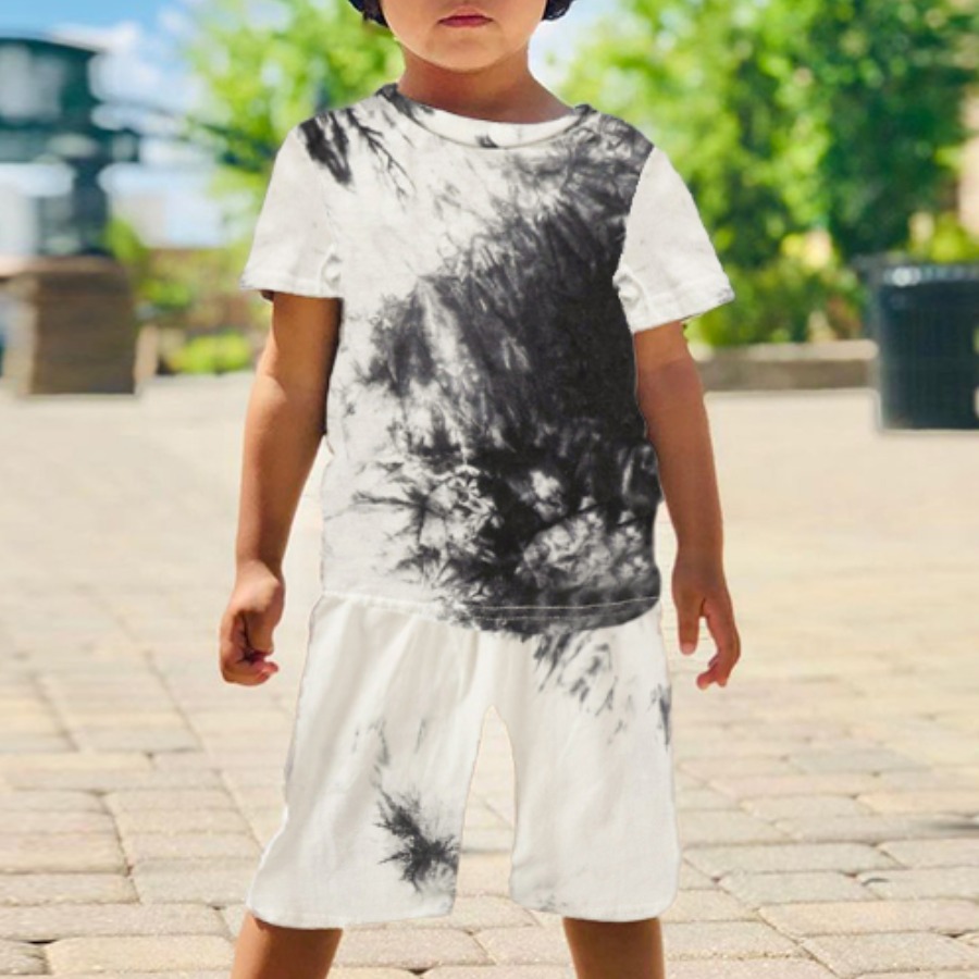 

Lovely Boy Casual O Neck Tie Dye Black And White Two Piece Shorts Set