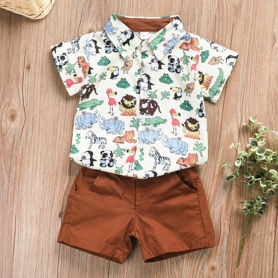 

Lovely Boy Casual Cartoon Print Patchwork Brown Two Piece Shorts Set