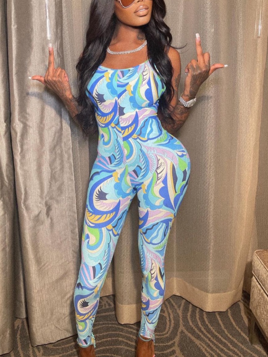 

Lovely Street Backless Print Patchwork Blue One-piece Jumpsuit