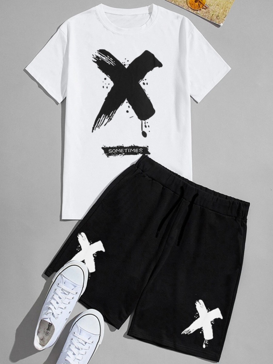 

Lovely Men Casual O Neck Graffiti Print White Two Piece Shorts Set