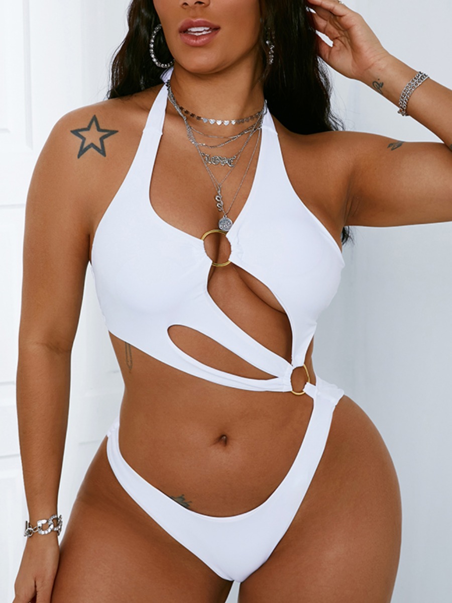 

Lovely Boho Hollow-out Metal Ring Decoration White One-piece Swimsuit