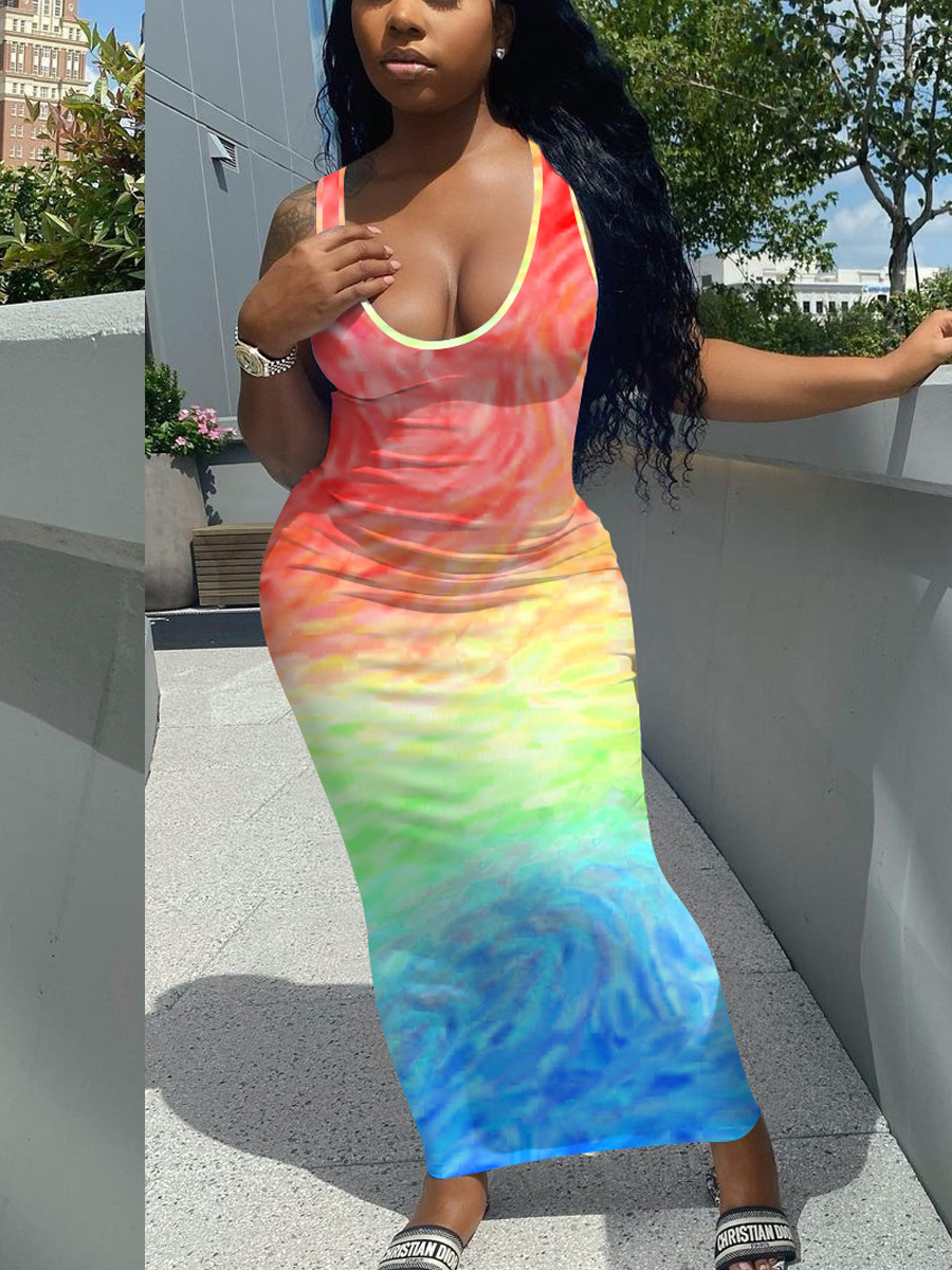 

Lovely Casual U Neck Tie-dye Red Ankle Length Dress