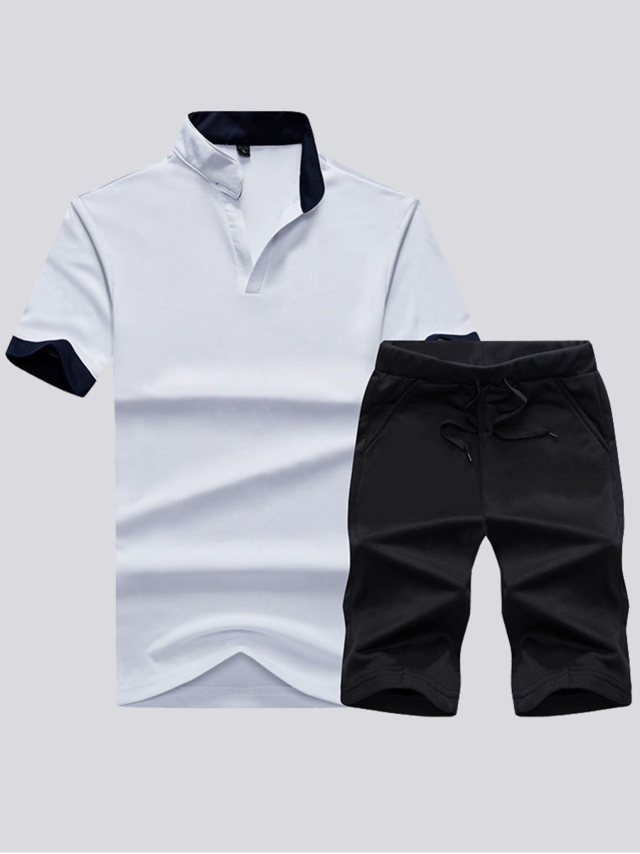 

LW Men Casual Mandarin Collar Drawstring White Two Piece Shorts Set