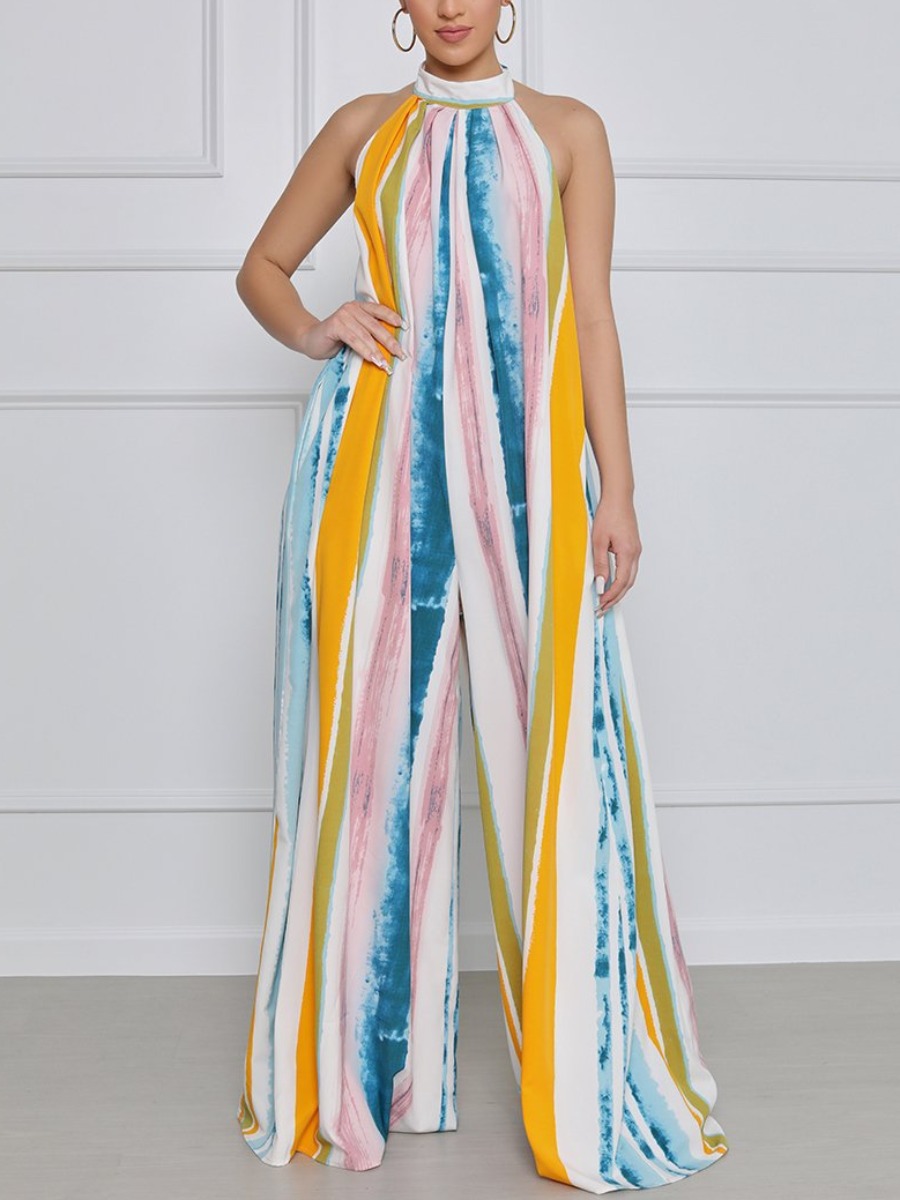 

LW Boho Striped Backless Multicolor One-piece Jumpsuit, Multi