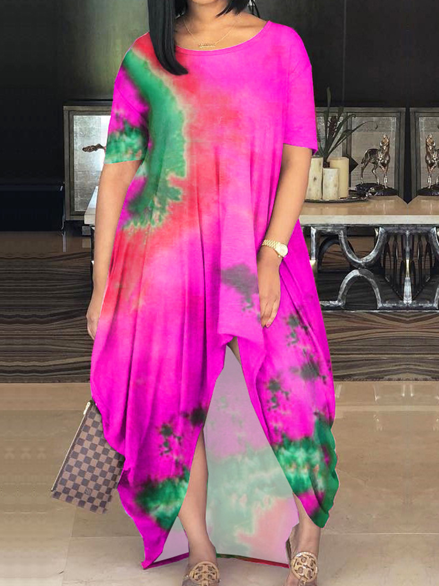 

Lovely Plus Size Boho Tie-dye Fold Design Rose Red Floor Length Dress