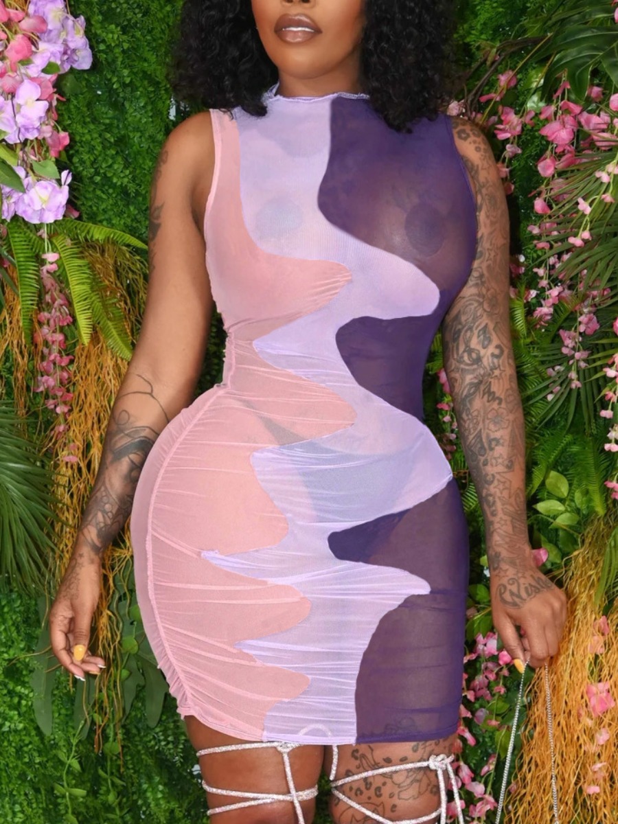 

Lovely Sexy Color-lump See-through Pink Mini Dress