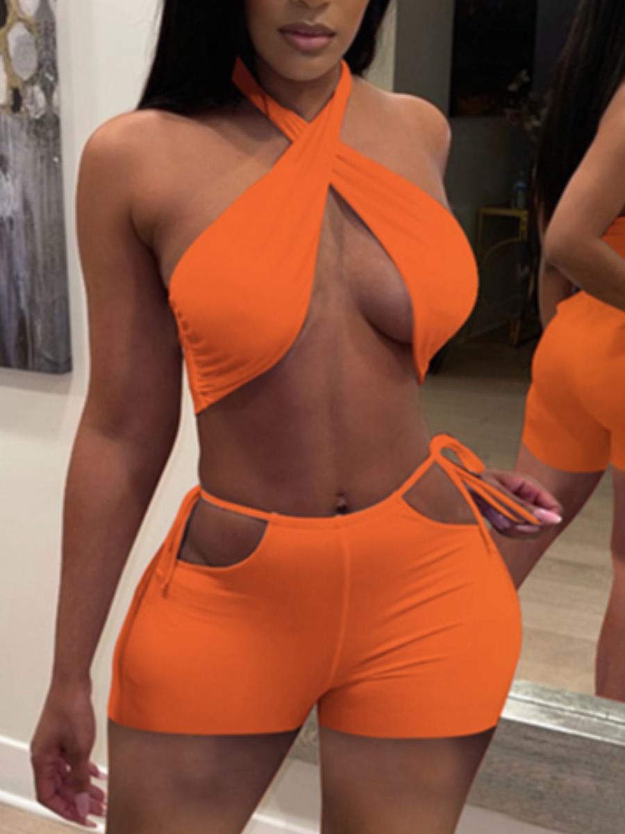 

Lovely Sexy Bandage Hollow-out Design Croci Two Piece Shorts Set