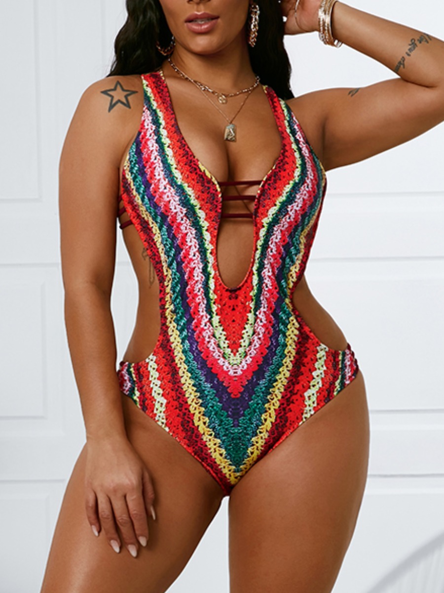

Lovely Boho Backless Striped Multicolor One-piece Swimsuit, Multi