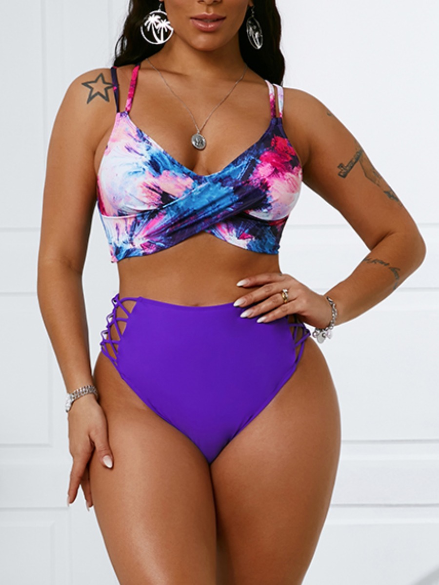

Lovely Boho Tie-dye Bandage Hollow-out Design Purple Two-piece Swimsuit, Modena