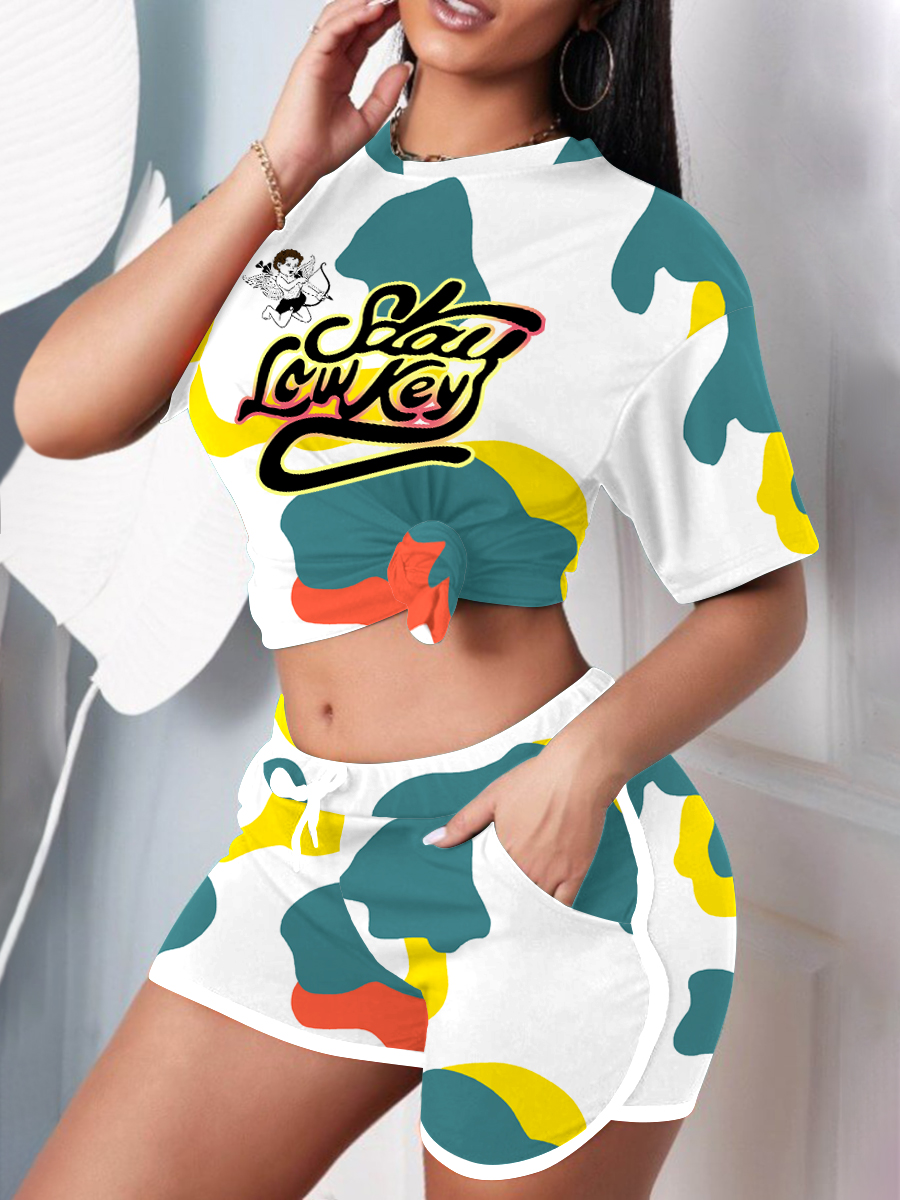 

LW Casual Letter Print Patchwork White Two Piece Shorts Set