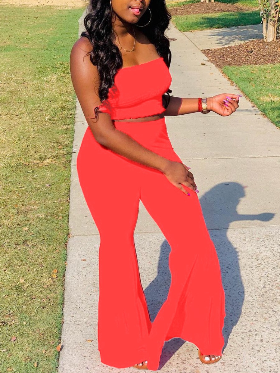 

Lovely Casual Off The Shoulder Fold Design Red Two Piece Pants Set