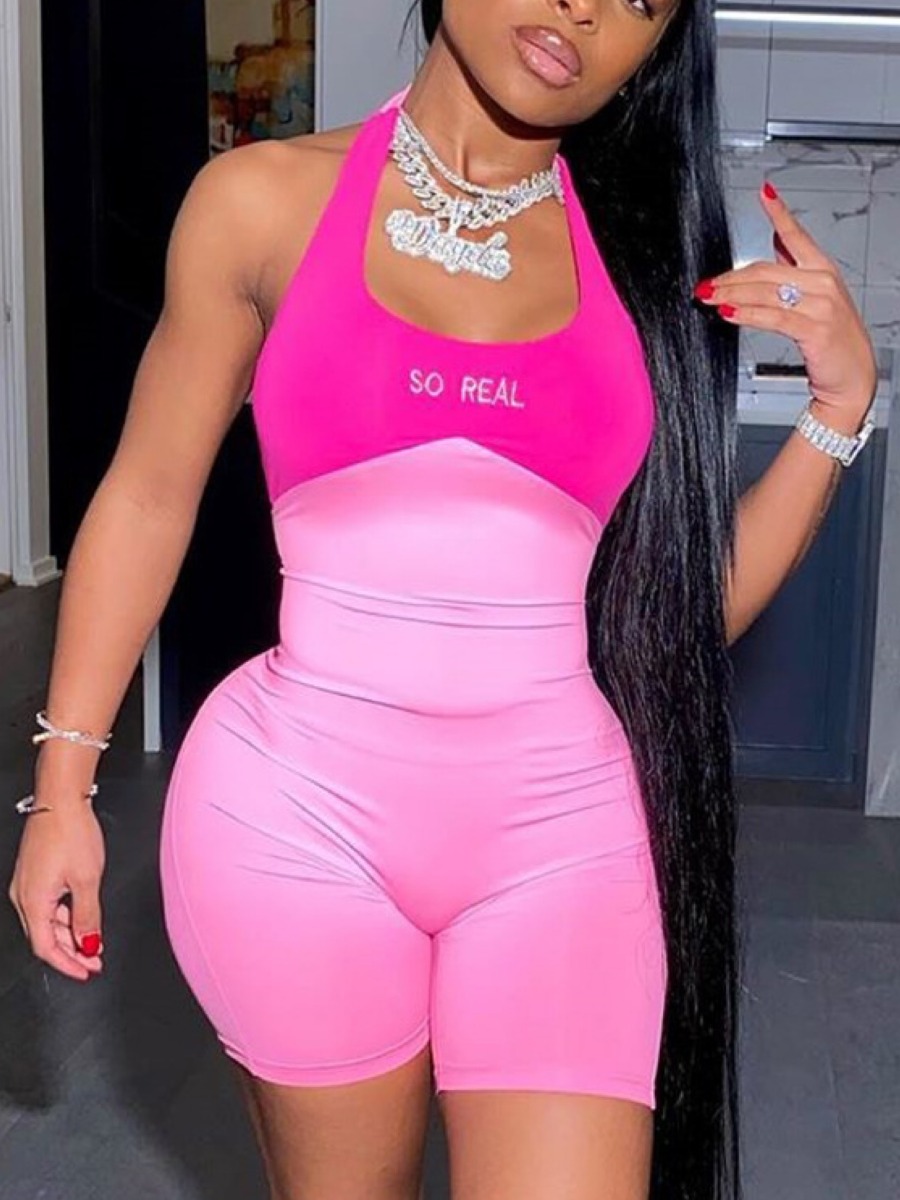 LW Sportswear Letter Print Patchwork Pink One-piece Romper
