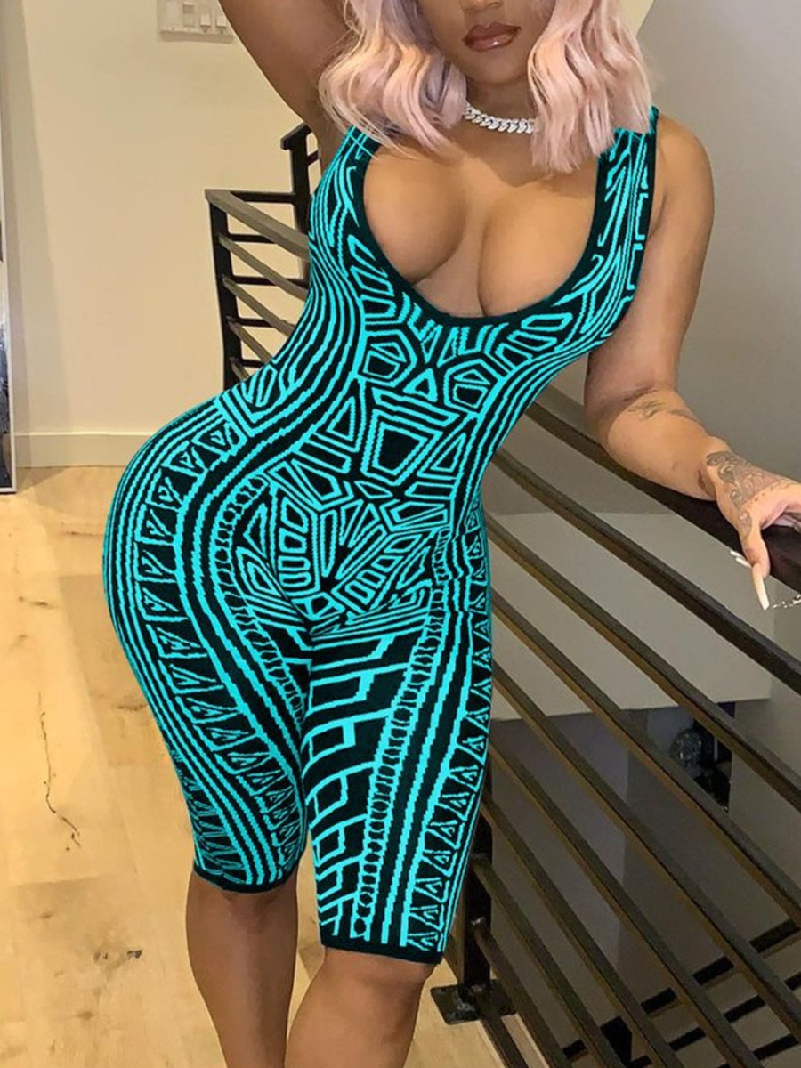 

Lovely Sexy U Neck Geometric Print Acid Blue One-piece Romper