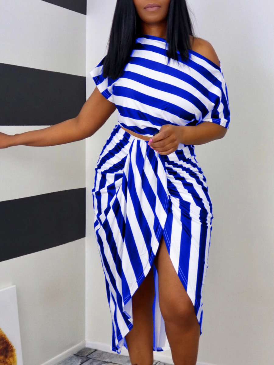 

LW Casual Striped Fold Design Blue Two Piece Skirt Set