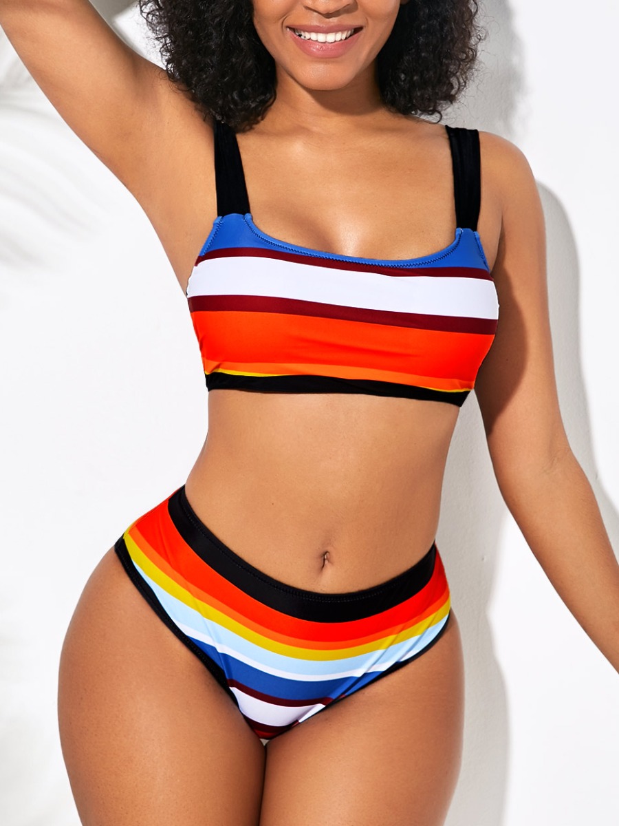 

Lovely Boho Striped Bandage Hollow-out Design Multicolor Two-piece Swimsuit, Multi