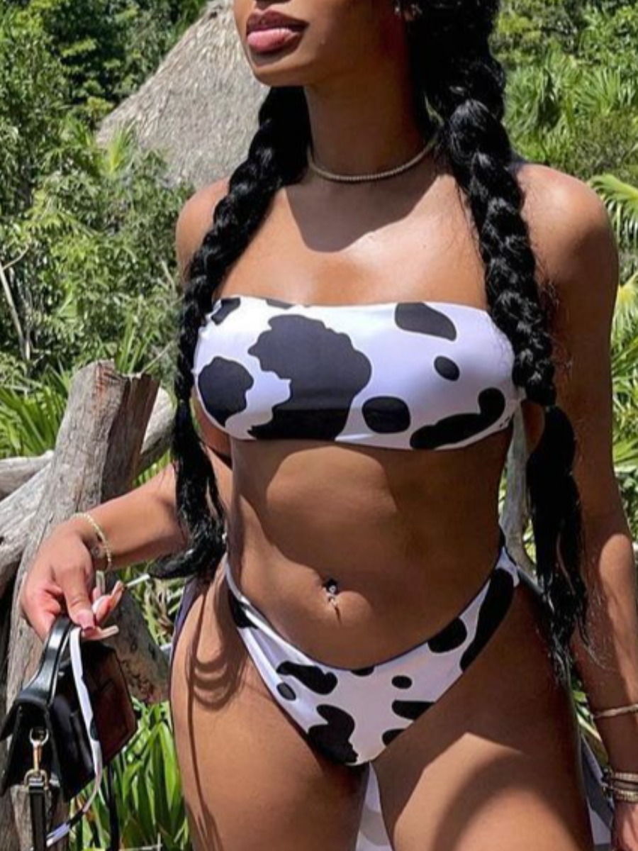 

Lovely Boho Off The Shoulder Cow Print Black And White Three-piece Swimsuit