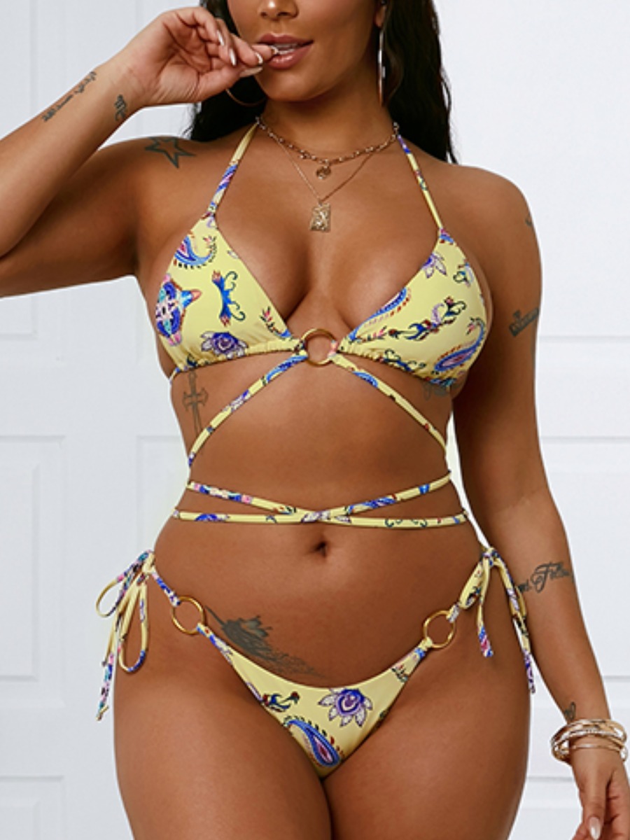 

Lovely Boho Cashew Print Metal Ring Decoration Yellow Two-piece Swimsuit