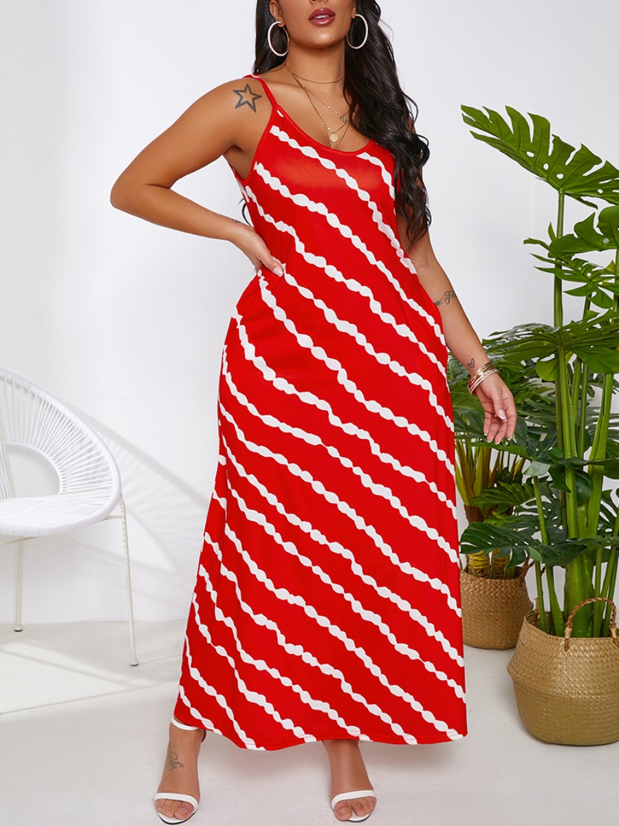 

Lovely Casual U Neck Striped Red Ankle Length A Line Dress
