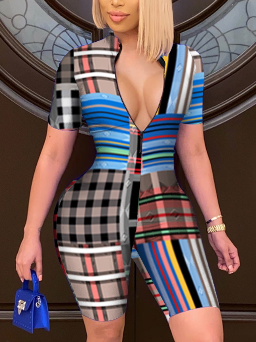 

Lovely Casual Geometric Print Patchwork Blue One-piece Romper